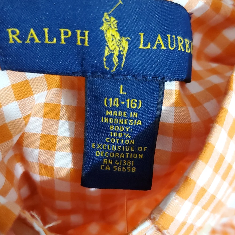 Ralph Lauren orange gingham dress shirt L 14-16 boys NWT button down fall autumn - Picture 2 of 6